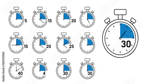 Set of stopwatch timer icons with countdown intervals – vector illustration of clock symbols, time management, productivity design, sports training and fitness countdown graphics