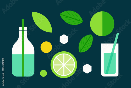 Set of Mojito Ingredients Mint Lime Rum Sugar