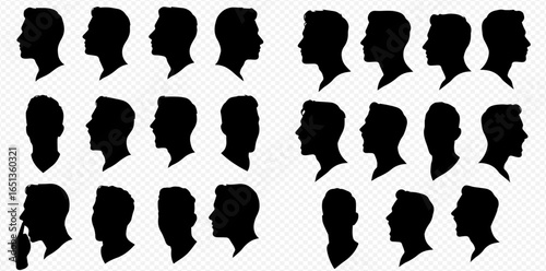 A collection of black vector silhouettes of various male head profiles with different hairstyles.