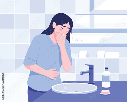 Woman feeling unwell with stomach ache and nausea at home