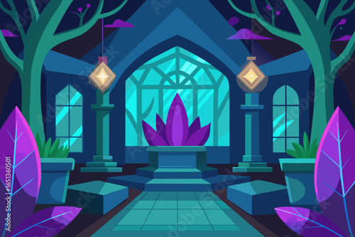 Fantasy Garden Room with Glowing Crystal Trees and Soft Light