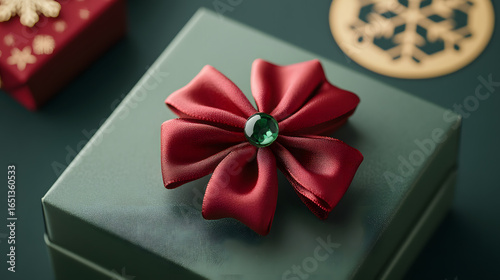 Green gift box with red ribbon and a silver ornament on a red carpet