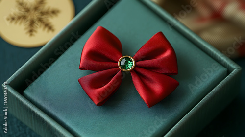Green gift box with red ribbon and a silver ornament on a red carpet