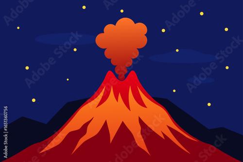 Fiery Red Volcano Erupting Under a Starry Sky