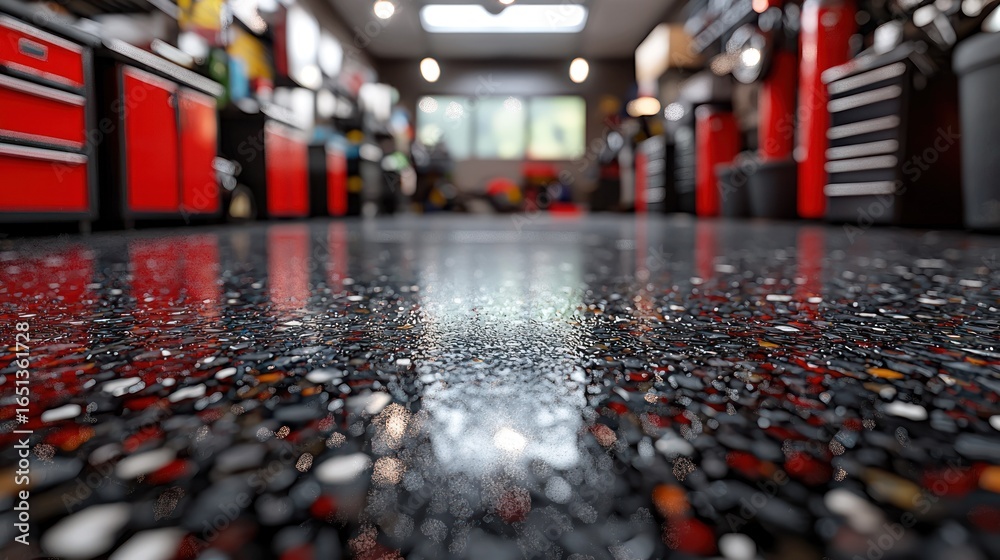 Obraz premium Reflected light on a polished floor with blurred garage background