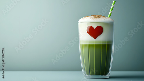 Matcha Green Tea Latte with Heart-Shaped Cream Design in a Glass Cup