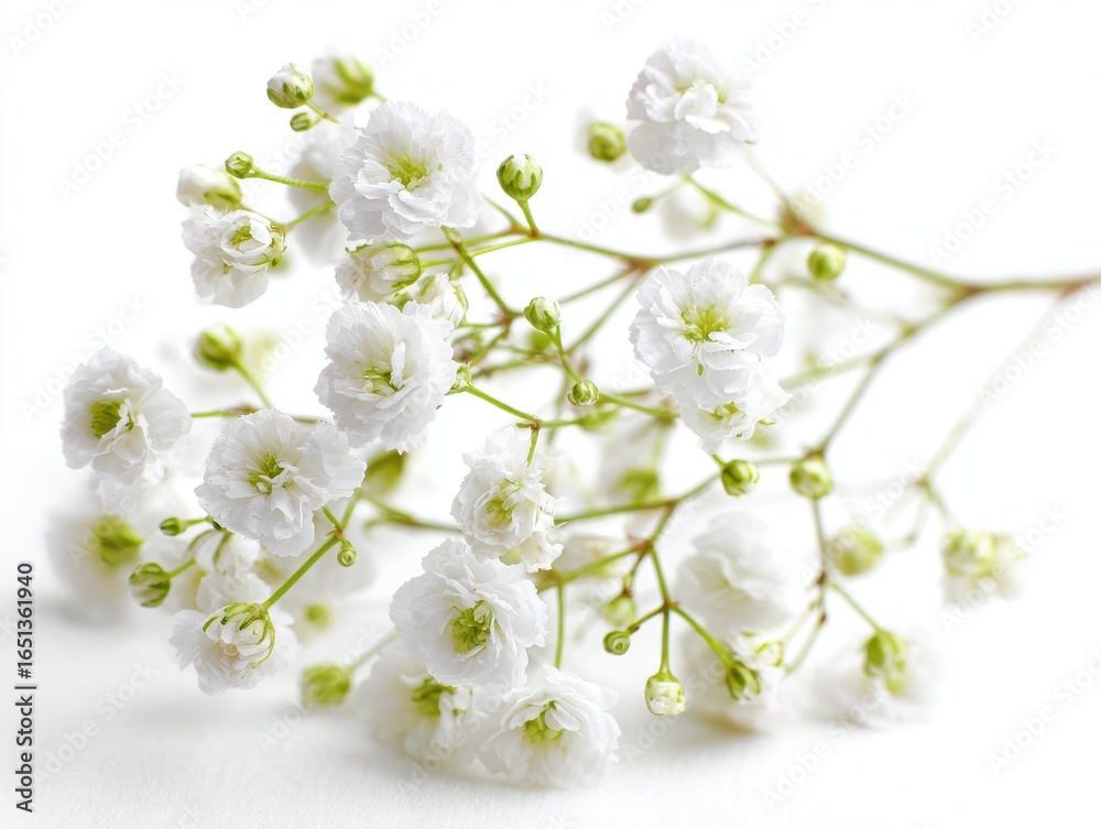 Fototapeta premium Delicate Gypsophila Blossoms: Closeup of Pure White Baby Breath Flowers Isolated on a Bright Background