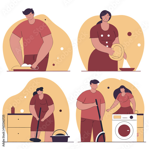 People performing various household chores like washing dishes and cleaning floors