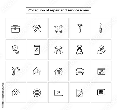 Collection of repair and service icons isolated on white background, featuring tools like hammers, wrenches, screwdrivers, and car repair symbols