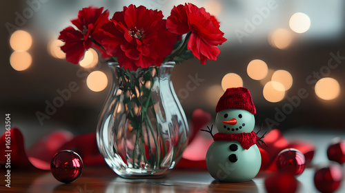 Vase of Red Carnations Beside a Ceramic Snowman Figurine