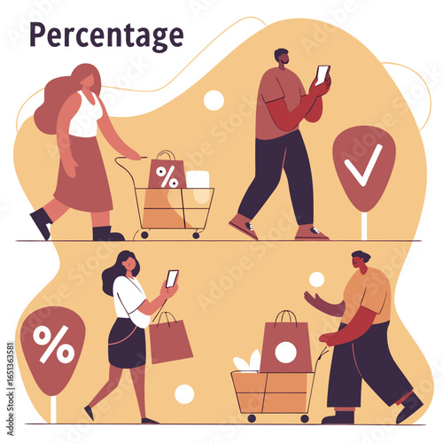 Shoppers with carts and phones represent percentage and purchasing decisions