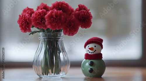 Vase of Red Carnations Beside a Ceramic Snowman Figurine