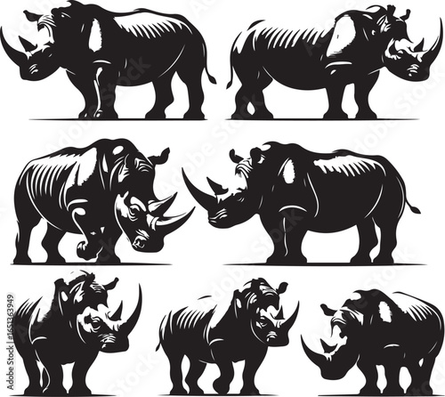 Black rhinoceros animal silhouettes set, wild safari wildlife vector illustration, African rhino icons collection for design, education,