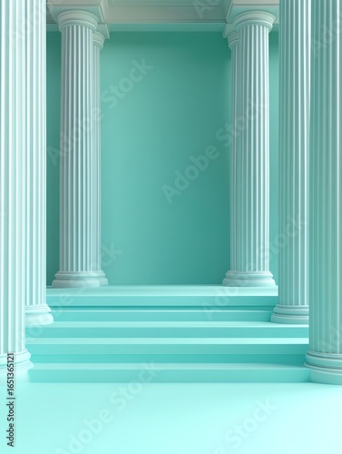Modern turquoise columned interior space