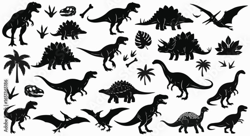 Set of black dinosaur silhouettes and prehistoric elements