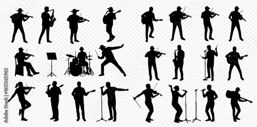 A collection of black silhouettes featuring various musicians playing instruments and singing.