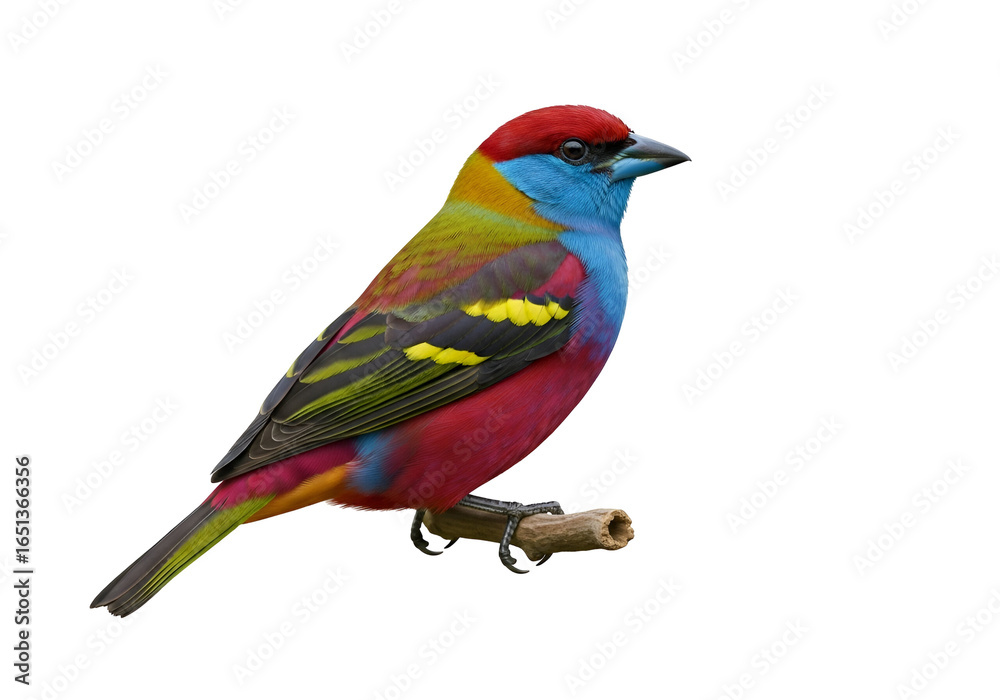 Fototapeta premium Vivid multicolored bird perched on a small branch against a black background showcasing striking