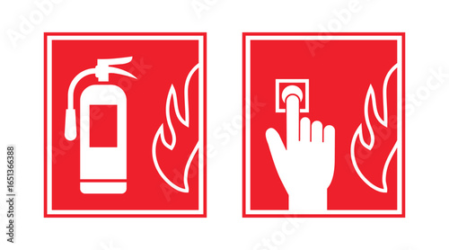Fire extinguisher, Fire alarm sign and sticker vector.