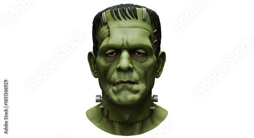 Frankenstein monster bust with green skin and stitches, white background, professional photo.