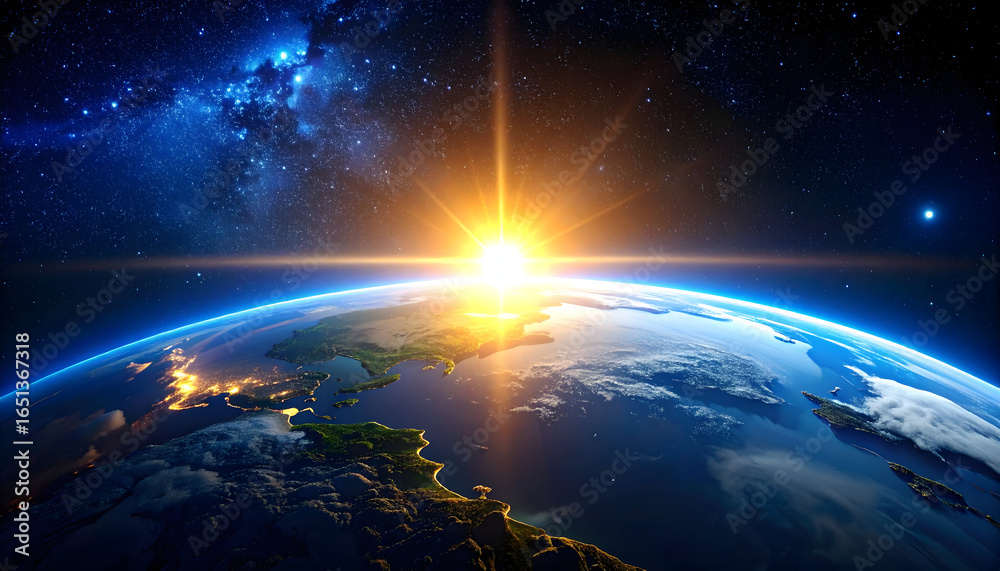Obraz premium Vibrant Sunrise Illuminating Earth From Space Showing Illuminated Cities and Starry Sky
