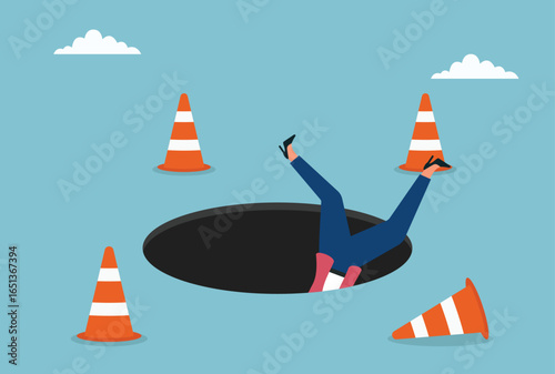 Vector illustration of a businesswoman falling into a dark hole, symbolizing failure, uncertainty, setbacks, and challenges in career or business life