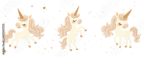 Cute pastel unicorns set with golden stars