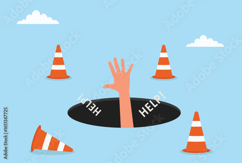 Vector illustration of a hand reaching out from a dark hole surrounded by traffic cones with the word HELP, symbolizing danger, emergency, crisis, or a call for urgent assistance
