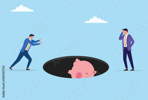 Vector illustration of a businessman pushing a piggy bank into a dark hole while another looks worried, symbolizing financial loss, bad investment, fraud, or money mismanagement
