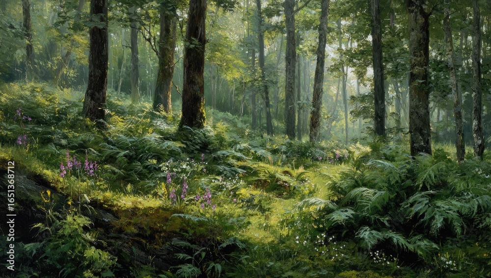 Fototapeta premium Lush forest floor bathed in morning light