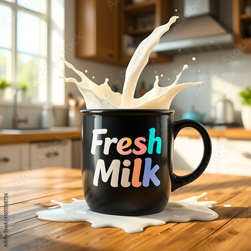 Milk, milk falling from above into a black cup, light falling on it from an angle making it more visible and attractive, close-up shot, kitchen background