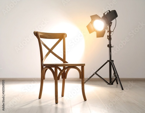 Wooden chair with studio lighting, and backdrop.