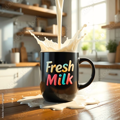 Milk, milk falling from above into a black cup, light falling on it from an angle making it more visible and attractive, close-up shot, kitchen background