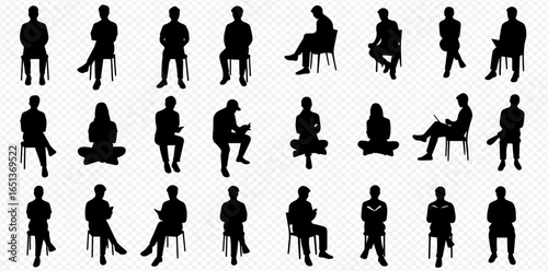 A collection of black silhouettes of men and women sitting in various poses on chairs and the floor.