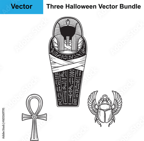 Egyptian Sarcophagus Ankh Scarab Amulet Silhouette Halloween Vector Bundle