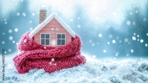 Miniature house wrapped in a knitted scarf, set against a snowy background. The house looks cozy and protected by the scarf, symbolizing warmth and comfort in cold weather. Generated AI