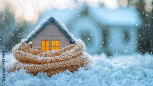 Miniature house wrapped in a knitted scarf, set against a snowy background. The house looks cozy and protected by the scarf, symbolizing warmth and comfort in cold weather. Generated AI