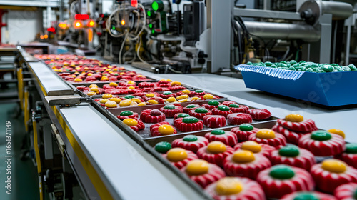 Automated production line with colorful gelatin candies in a factory setting