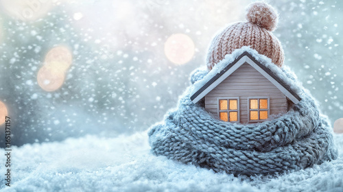 Miniature house wrapped in a knitted scarf and topped with a woolen hat, set against a snowy background. Symbolizing warmth and comfort in cold weather. Generated AI