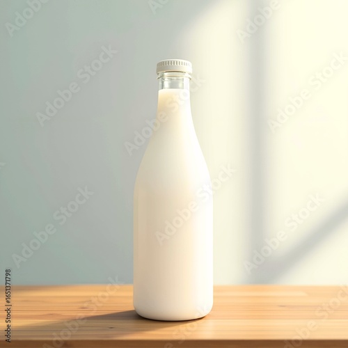 Milk, milk bottle, light falling on it from an angle making it more visible and attractive, close-up, gray background