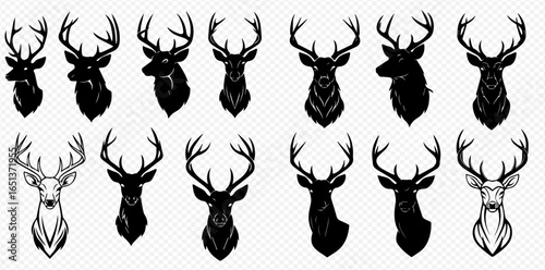 A collection of fourteen deer head illustrations, showcasing various silhouette and line art styles of stags with large antlers.