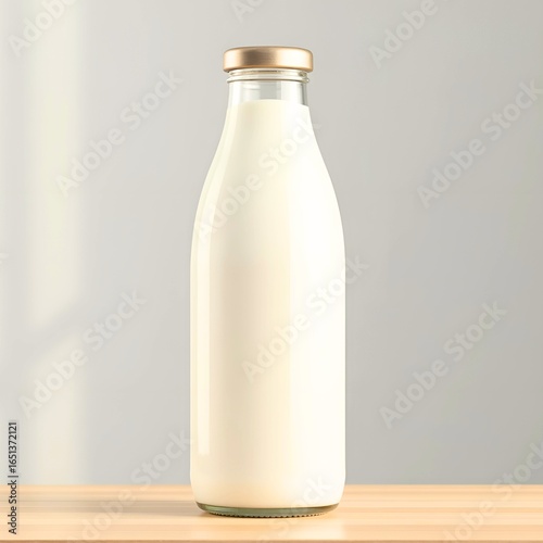 Milk, milk bottle, light falling on it from an angle making it more visible and attractive, close-up, gray background