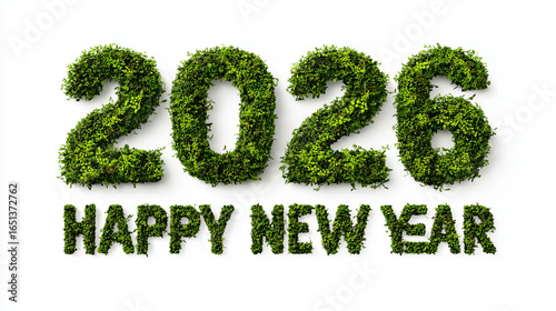 Fresh green forms the year 2026, symbolizing growth and healthy living. 2026 text design from green leaves on white background. Foliage Numbers for new years invitations. AI generation