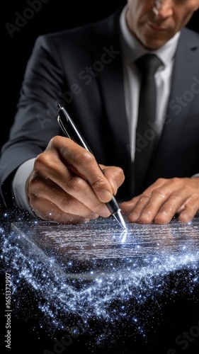 Business Professional Signing Digital Holographic Document with Glowing Effect