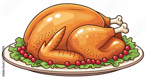 Deliciously Roasted Golden Brown Turkey with Cranberry Garnish on a White Plate.