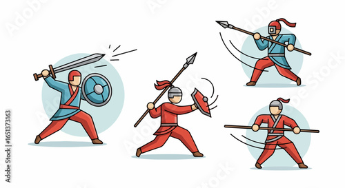 Dynamic Depiction of Five Warriors in Combat Poses with Traditional Weapons.