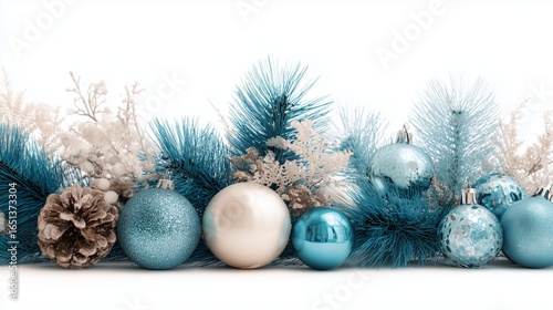 Merry Christmas and happy New Year background. Christmas blue balls, fir branches. Merry christmas card. Winter holiday theme. Christmas decoration isolated. Space for text. AI generation