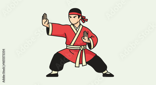 Martial Artist in Traditional Red and Black Uniform Performing a Defensive Stance.