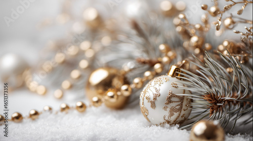 Merry Christmas and happy New Year background.
Christmas gold balls, fir branches. Merry christmas card. Winter holiday theme. Christmas decoration isolated. Space for text. AI generation	