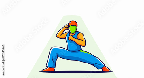 Martial Artist in Dynamic Fighting Stance with Green Face Mask.