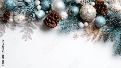 Merry Christmas and happy New Year background.
Christmas balls, fir branches, cones. Merry christmas card. Winter holiday theme. Christmas decoration isolated. Space for text. AI generation	